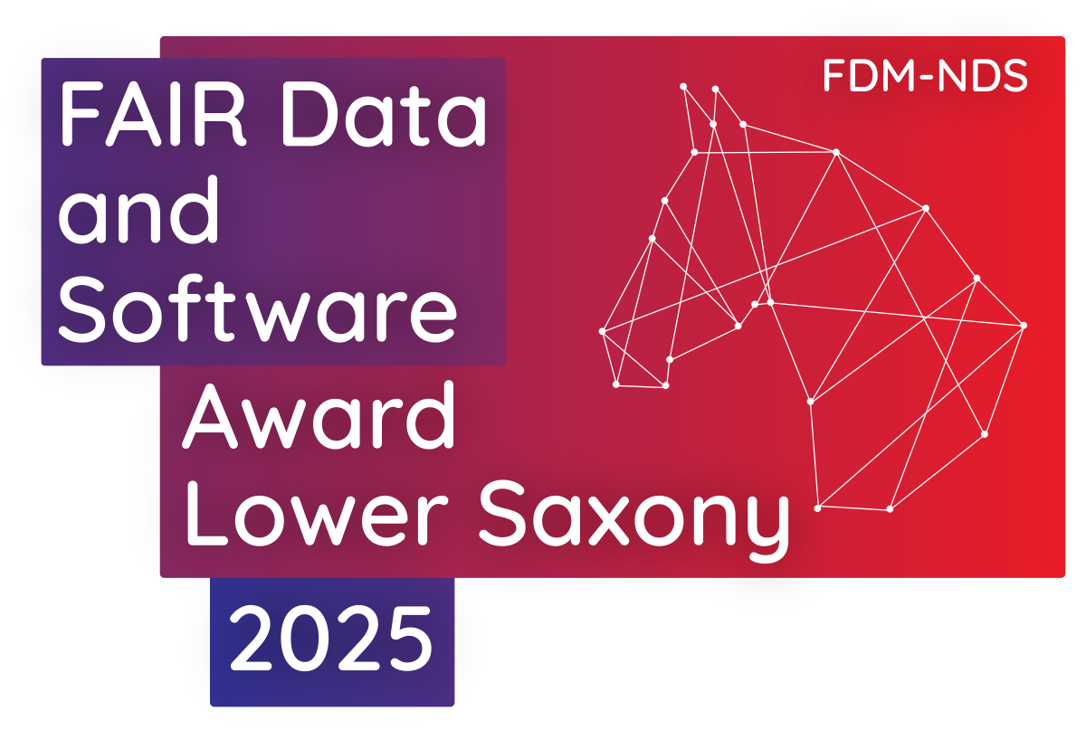 Logo des „FAIR Data and Software Award Lower Saxony 2025“. Links steht der Schriftzug „FAIR Data and Software Award Lower Saxony 2025“ in weißer Schrift auf einem Farbverlauf von Violett zu Rot. Rechts ist ein stilisierter Pferdekopf aus weißen, verbundenen Punkten auf rotem Hintergrund dargestellt. Oben rechts steht „FDM-NDS“