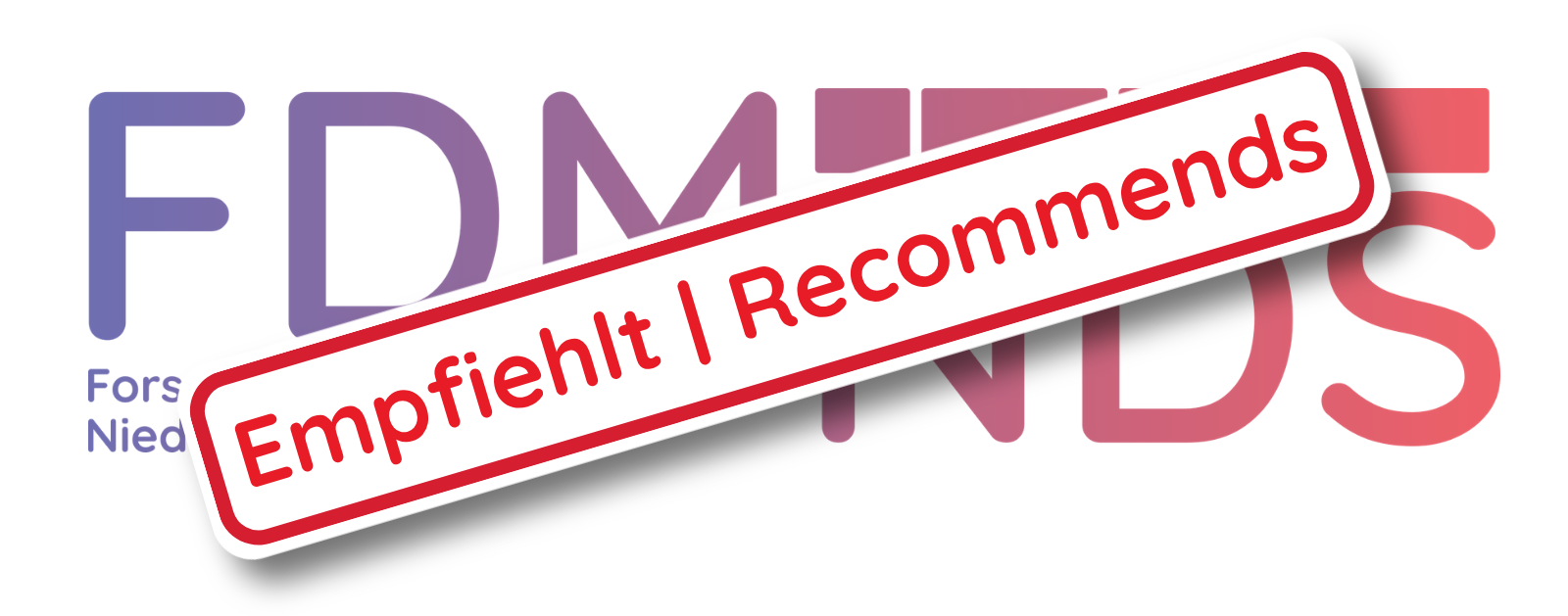 FDM-NDS_empfiehlt EIn Stempel mit "Empfiehlt | Recommends" über dem Logo der Landesinitiative Forschungsdatenmanagement Niedersachsen